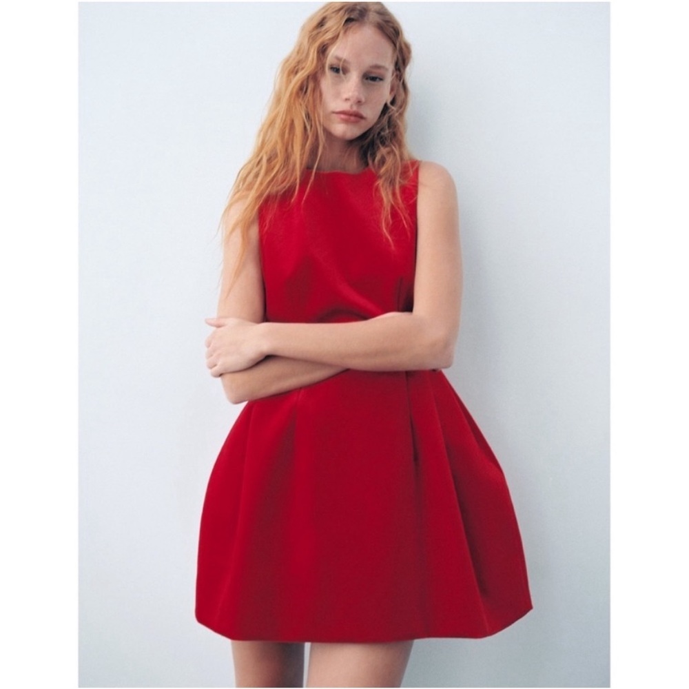 Zara red voluminous mini dress crepe material- Valentine’s Day dress - Picture 6 of 15